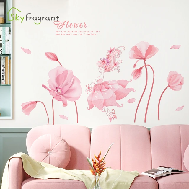 Decalcomania Flower Wall Decals - Set of 19 Pink White Rose Floral Bouquet  Wall Stickers for Nursery Bedroom Living Room Decor Removable Peel and