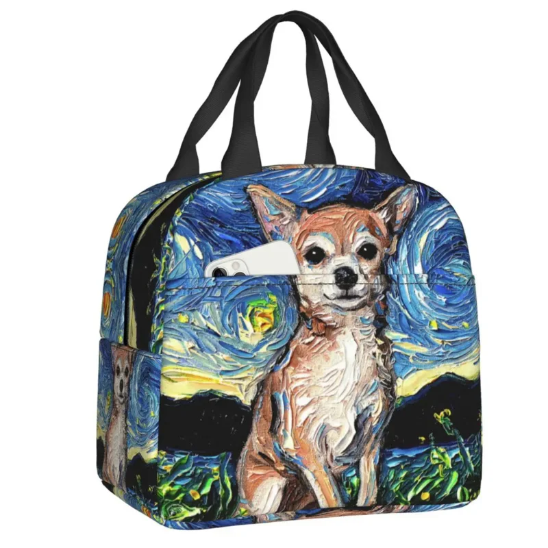 

Chihuahua Starry Night Art Thermal Insulated Bag Women Portable Lunch Tote for Outdoor Picnic Multifunction Food Bento Box