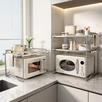 Kitchen 2-layer Microwave Oven Storage Rack Retractable Countertop Gadget Set Floor Stand Seasoning Holder Spicy Organizer Shelf 1