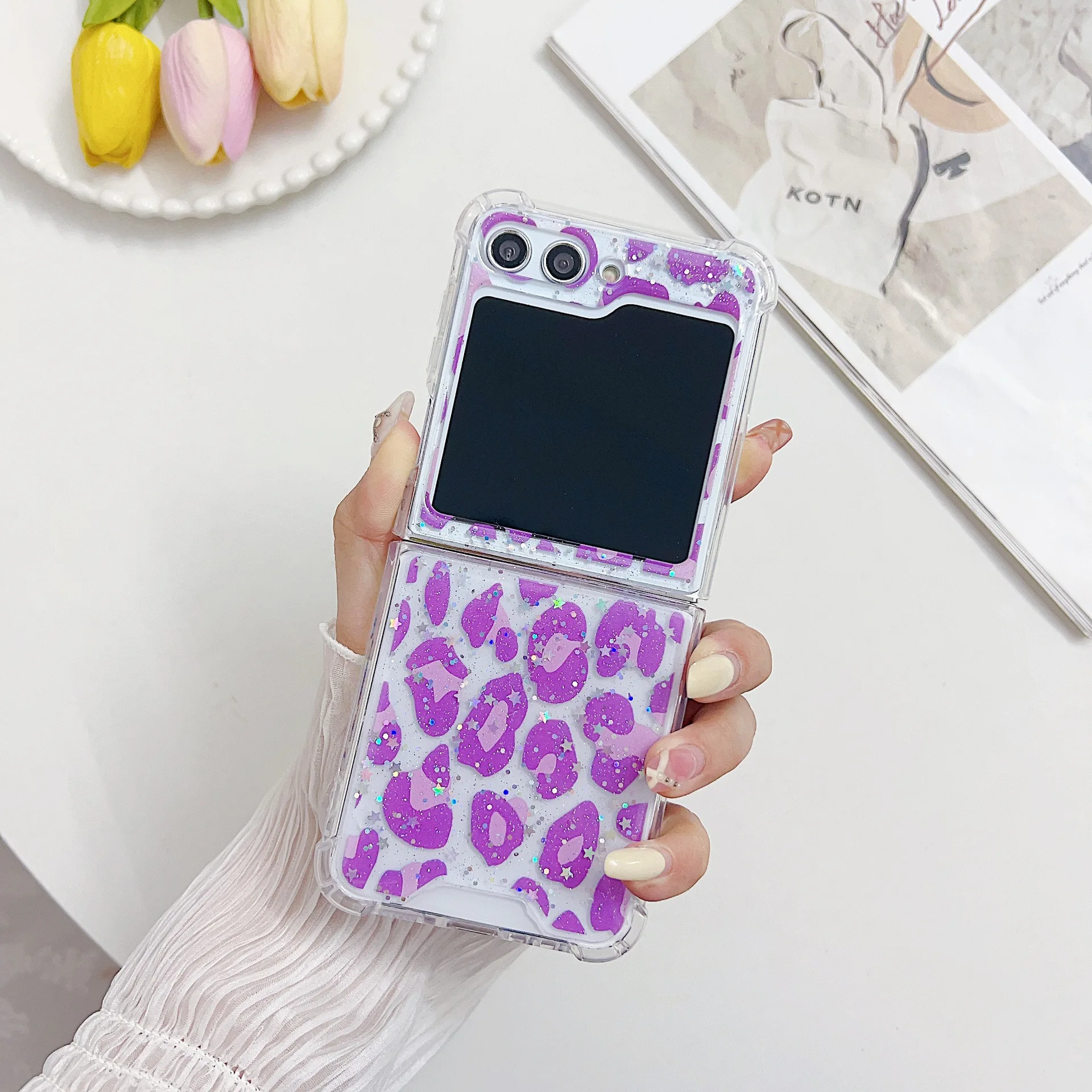 

For Samsung Galaxy Z Flip 5 4 3 Case Leopard Glitter Print Transparent Folding Shockproof Protection Hard Back Cover Accessories