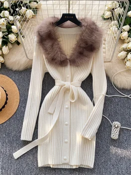 SINGREINY Autunno Senior OL Abito peloso con scollo a V maniche lunghe Lace Up Skinny Femminile Luce di lusso Temperamento Abito maglione lavorato a maglia 1