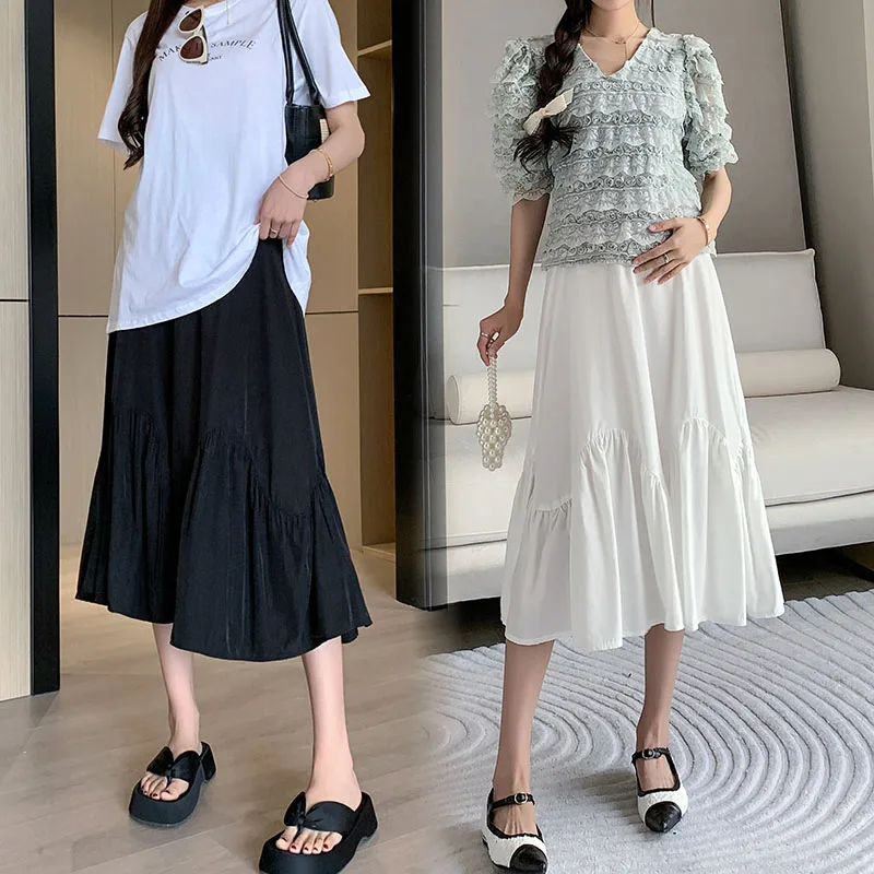 French Style Pregnant Woman High Waist A-line Summer Lightweight Maternity Skirt Umbrella Irregular Ruffles Skirt Black White