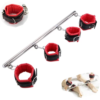 BDSM Bondage Set Leather Handcuffs Ankle Cuffs Steel Adjustable Spreader Bar Restraints Sex Slave Fetish Adult Toys for Couples 5