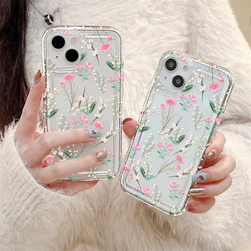 Clear Phone Cases For iPhone 13 Case iPhone 15 16 Pro Max 12 11 14 XR X Xs Max 7 8 Plus SE 2022 2020 Pink Flower Soft TPU Cover