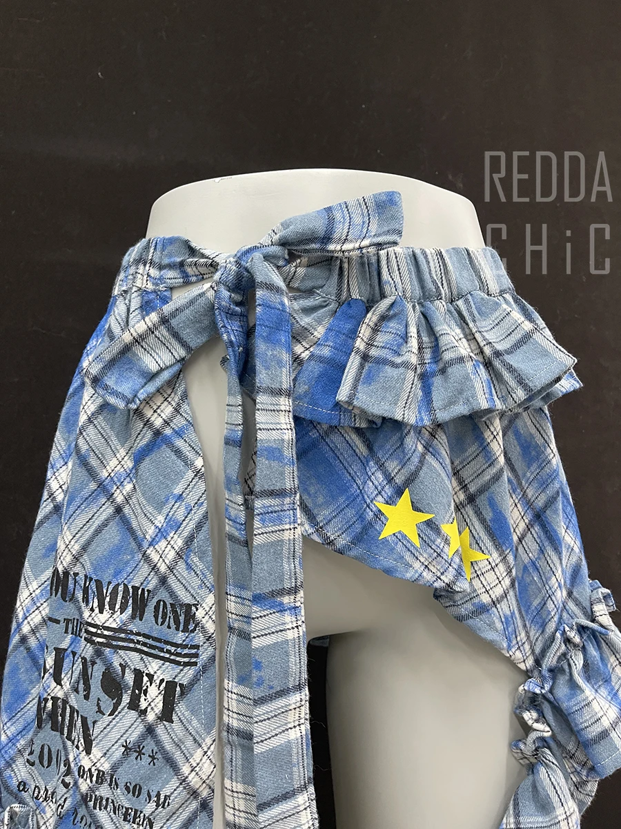 REDDACHiC Asymmetrical Denim Shorts Star Plaid Coverups Leg Warmers Women Set Trendy New Low Rise Pants Summer Retro Y2k Clothes
