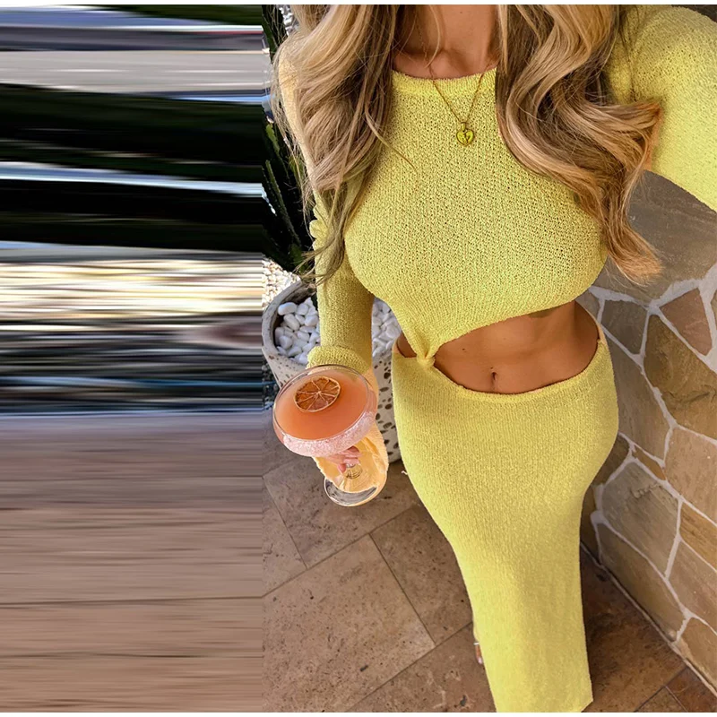 Sexy Knitted Hollow Out Long Dresses Women Casual Solid Slim Fit O-neck Slit Maxi Dress Sun Protection Female Summer Beach Party