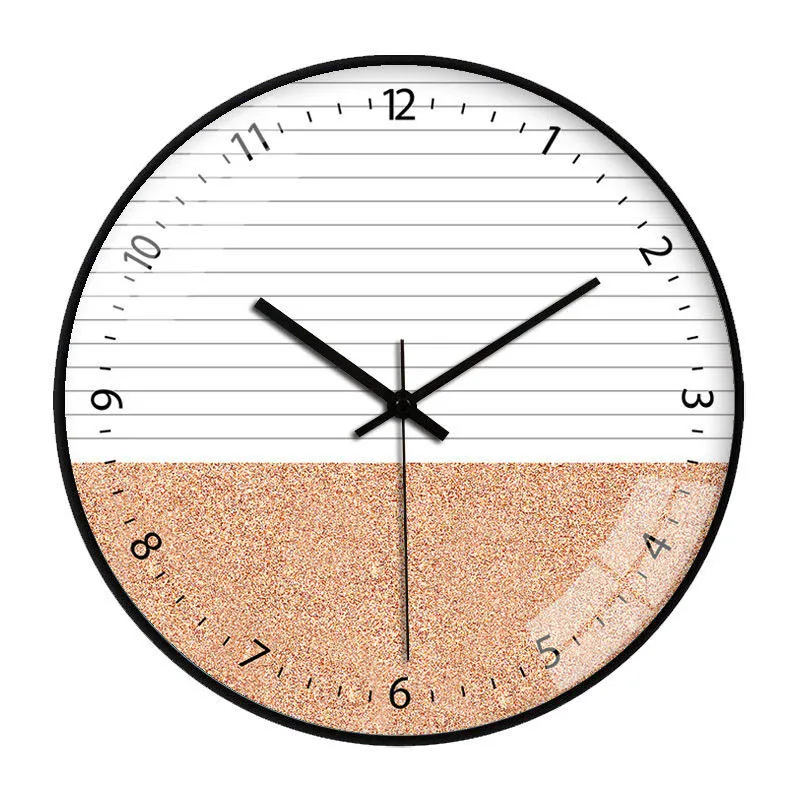 Wood Grain Simple Black Punch-free Wall Clock Golden Mute Cartoon Glass Clock Color:129H;Sheet Size:14 inch (35cm)