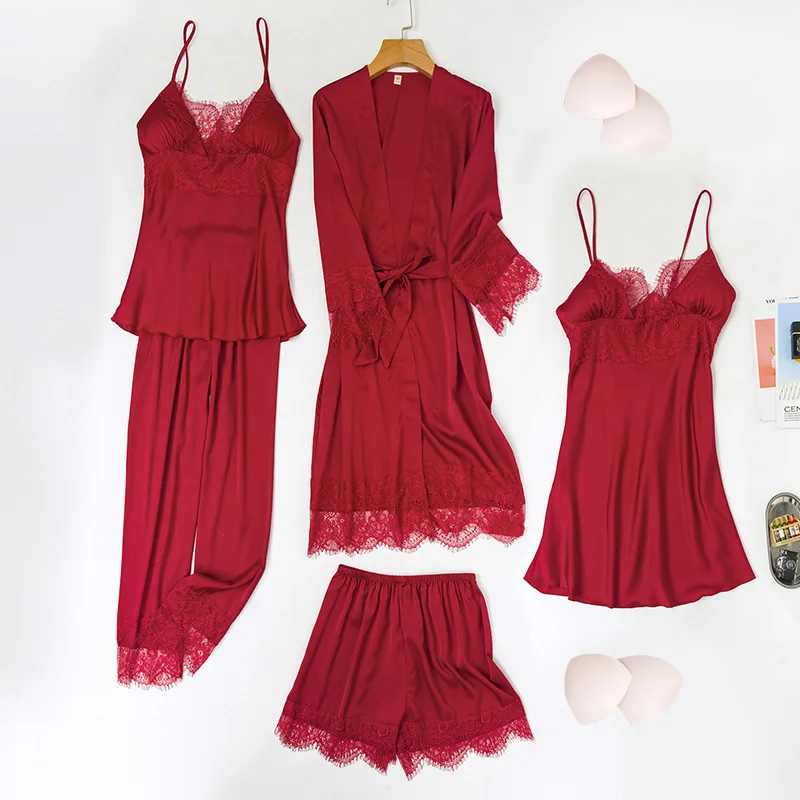 Four Seasons Pajamas Women's Sexy Sleepwear Ice Silk-like Satin Lace Five-piece Set with Chest Pad Nightgown Sling Home Clothes
