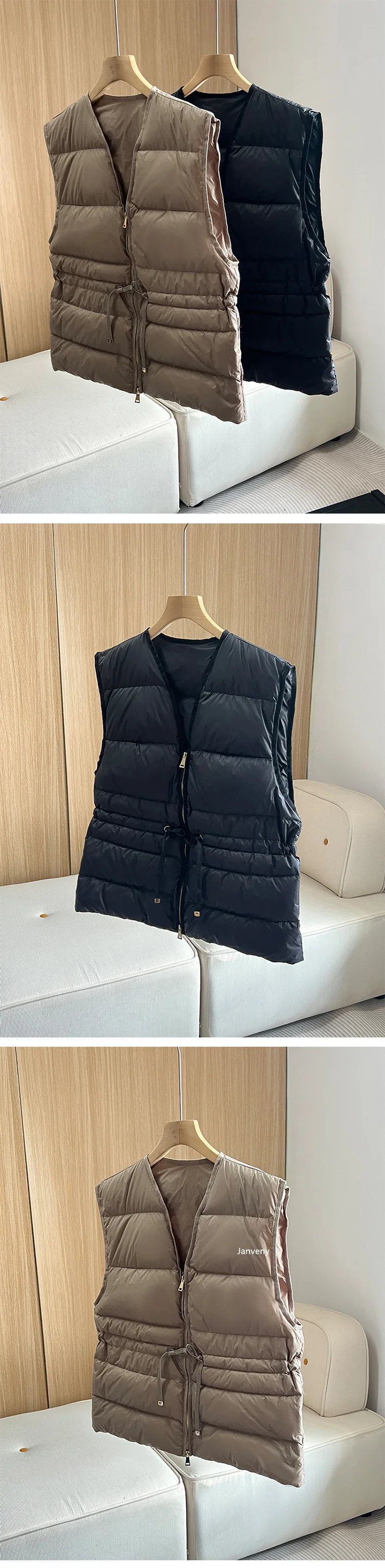 Janveny 2025 New Autumn Winter Drawstring Short Tank Women Ultra Light V-Neck White Duck Down Sleeveless Vest Warm Waistcoat