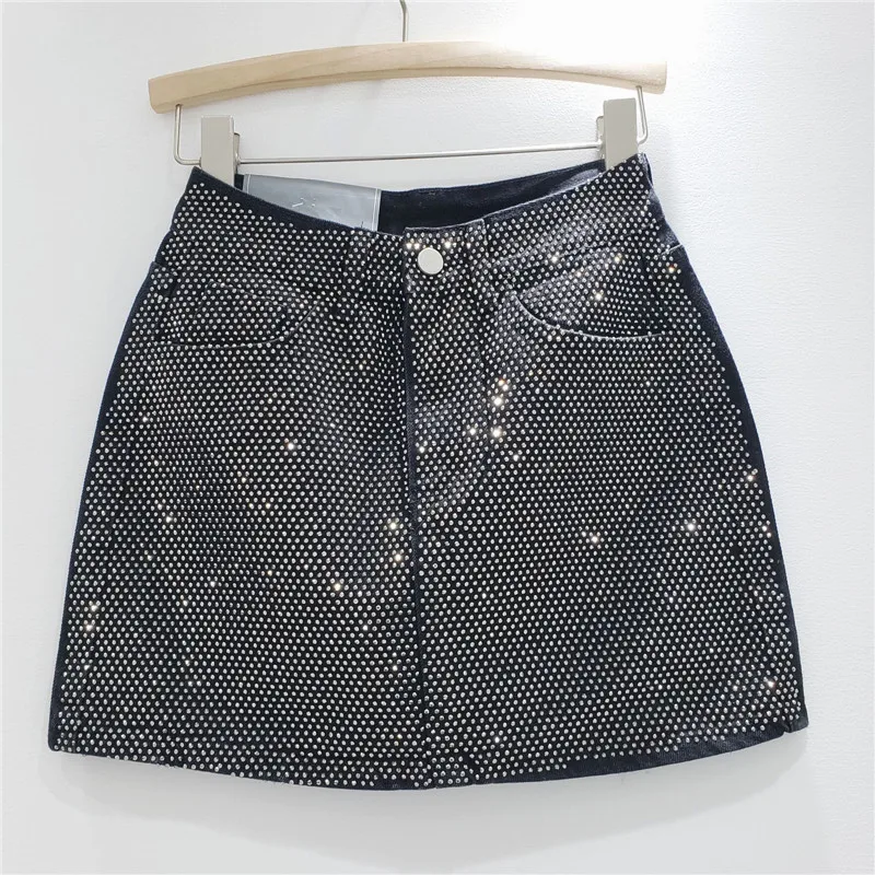 Rhinestone Women Mini Skirts Zipper Fly Sweaty Hip Skirts 2023 Summer High Street Outfits Sexy Night Club Party Bodycon Vestidos
