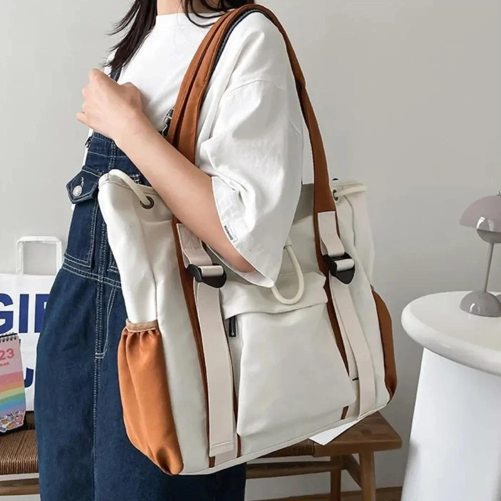 Splash Proof Nylon Fabric Shoulder Crossbody Bags for Women Multi-pocket Drawstring Tote Bag Large Capacity Student Book Handbag