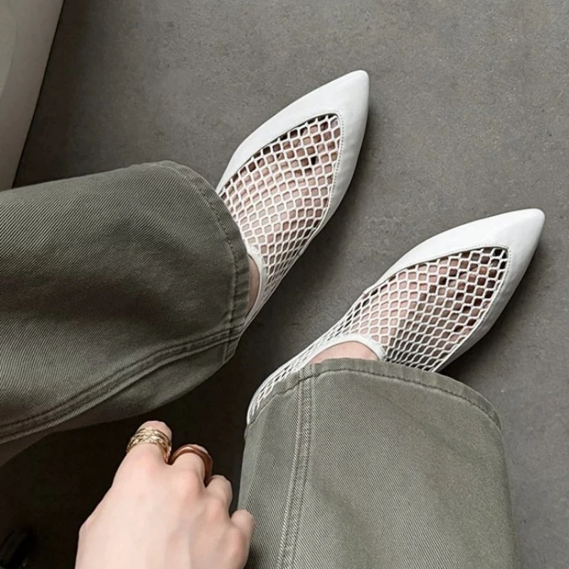 Womens Mesh Flats Pointed Toe Slip On Comfort Walking Shoes Hollow Out Breathable Loafers Smooth Leather Minimalist Elegant Chic