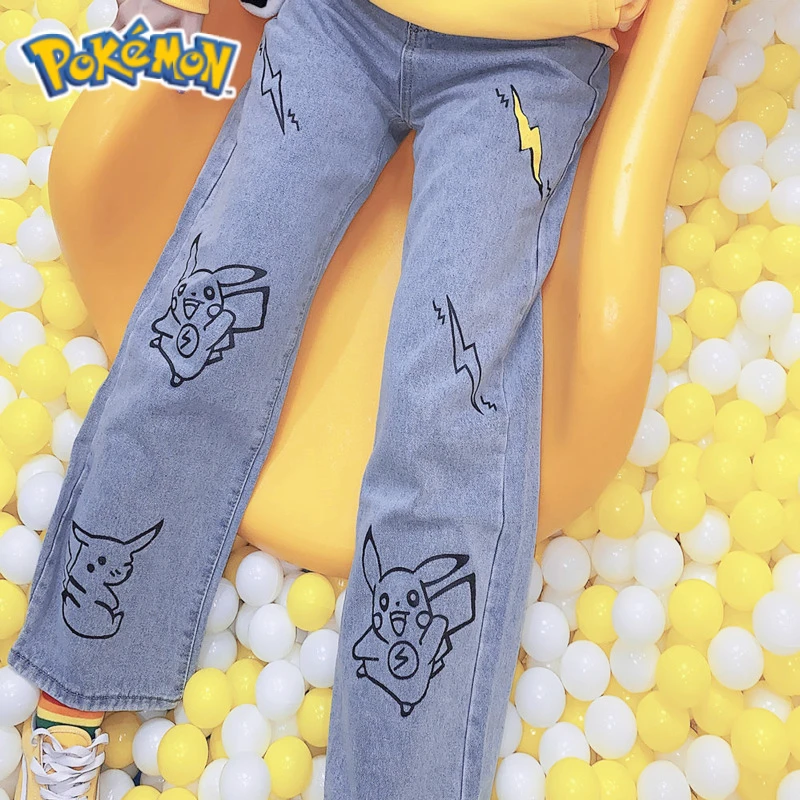 Pokemon Pikachu Kawaii Anime Women Jeans Fashion Cartoon Y2k Denim Pants Cute Graffiti Loose Wide Leg Harajuku 90s Skinny Jeans