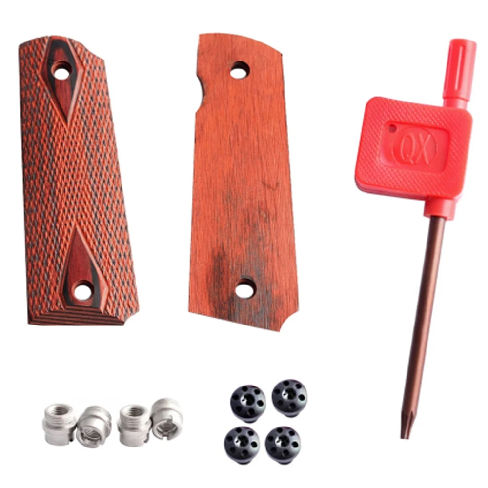 1911 Checkered Wood Grips With Allen Screws & SS Grip Screws Bushings For Tactical hunting