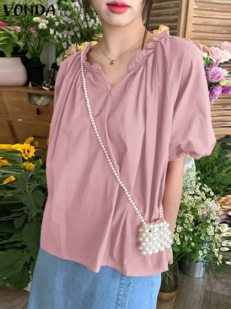

VONDA Fashion Shirts Women Casual Blouses Short Sleeve Tunic Tops 2023 Summer Solid Color Sexy V-Neck Ruffled Blusas Femininas
