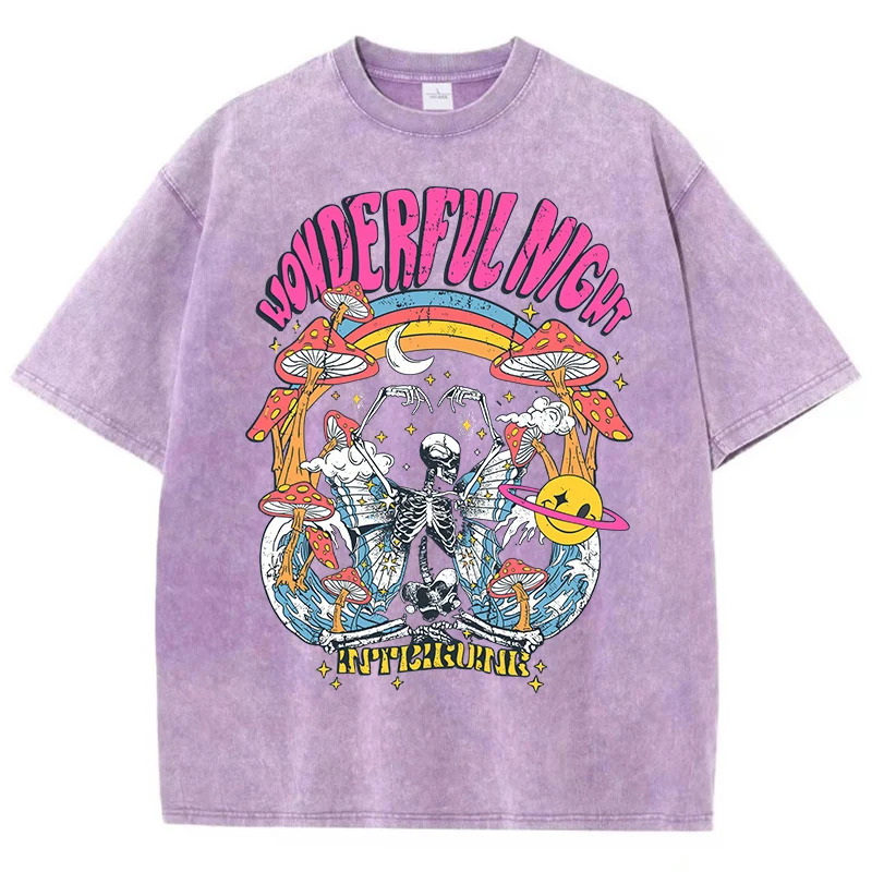 Wonderful Night Skeleton Butterfly Wave Print Mens T-Shirts Fashion Oversized Tops Street Comfortable Clothing Loose Wash Tee