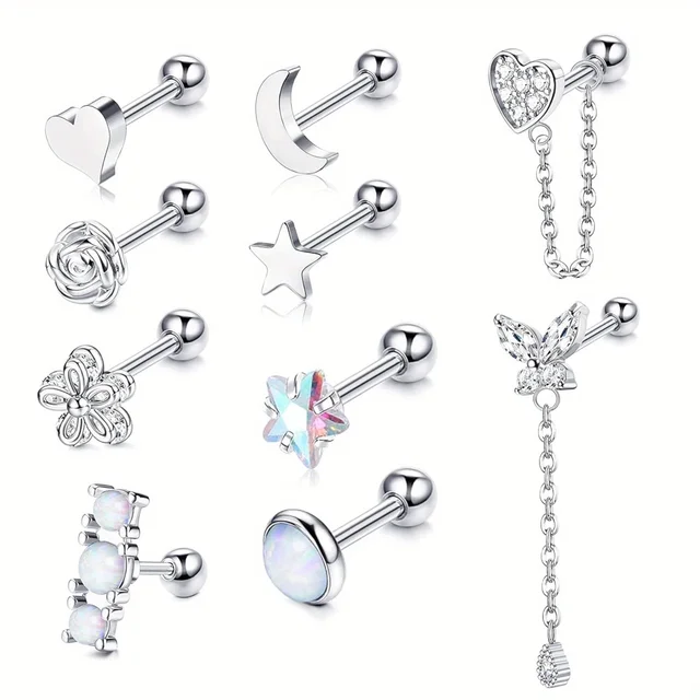 Drperfect الغضروف القرط مربط للنساء الفولاذ المقاوم للصدأ الغضروف هوب القرط القلب زهرة سلسلة استرخى تشيكوسلوفاكيا ثقب المجوهرات 1