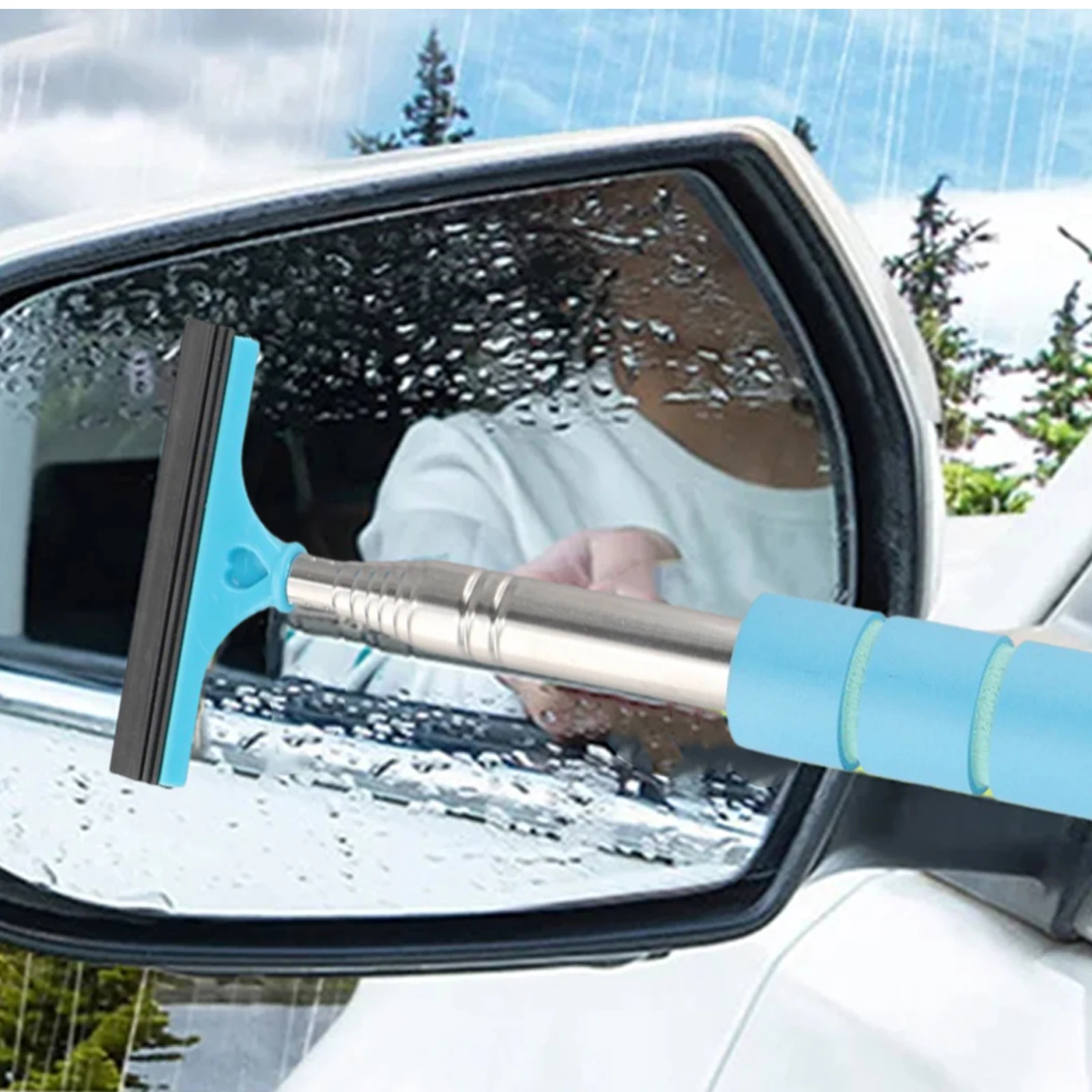 Car Telescopic Rearview Side Mirror Squeegee Glass Cleaning Tools Window-Cleaning Brush Handheld Wiper Scraper Stretchable