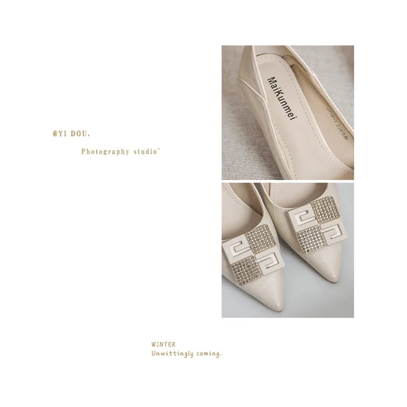 2024 Tidlige forårsnye højhælede, slanke hæle, spidse vanddiamantspænde, bløde læderarbejdssko_voghion.com