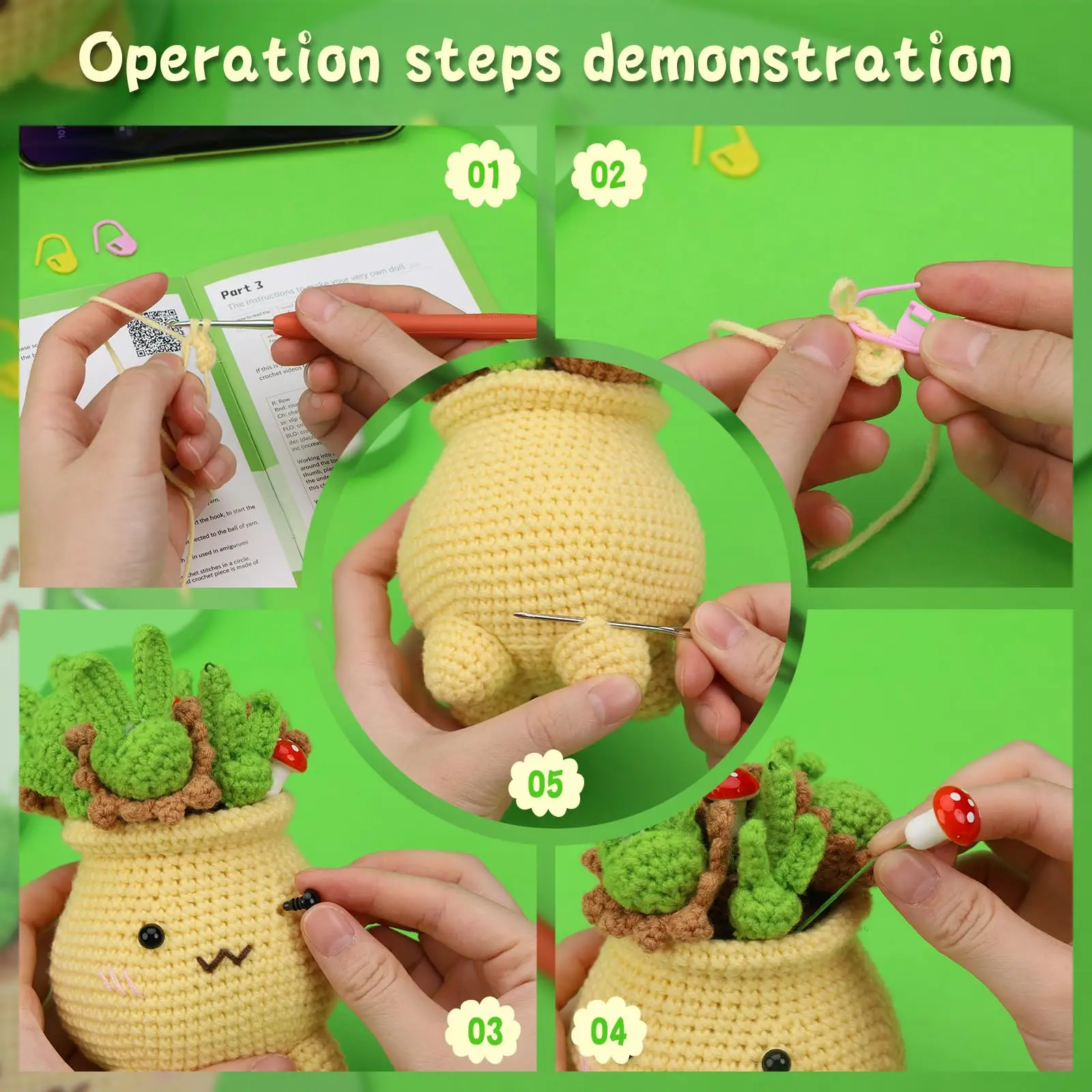 Crochet Kit for Beginners Potted Plants Crochet Kits for Adults DIY Knitting Supplies with Step-by-Step Video Tutorial
