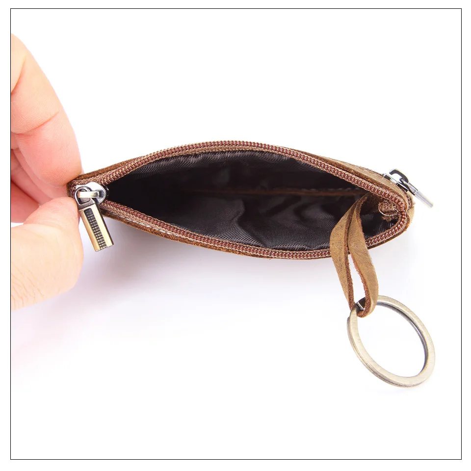 Vintage Genuine Leather Coin Purse with Keychain - Cowhide Zipper Wallet & Key Holder