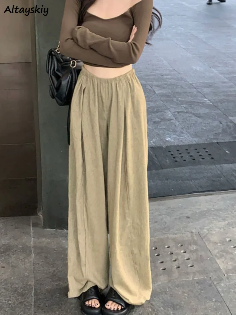 

Wide Leg Pants Women Cozy Pure High Elastic Waist Loose All-match Lady Trouser Simple Summer Spring Pantalones Korean Streetwear