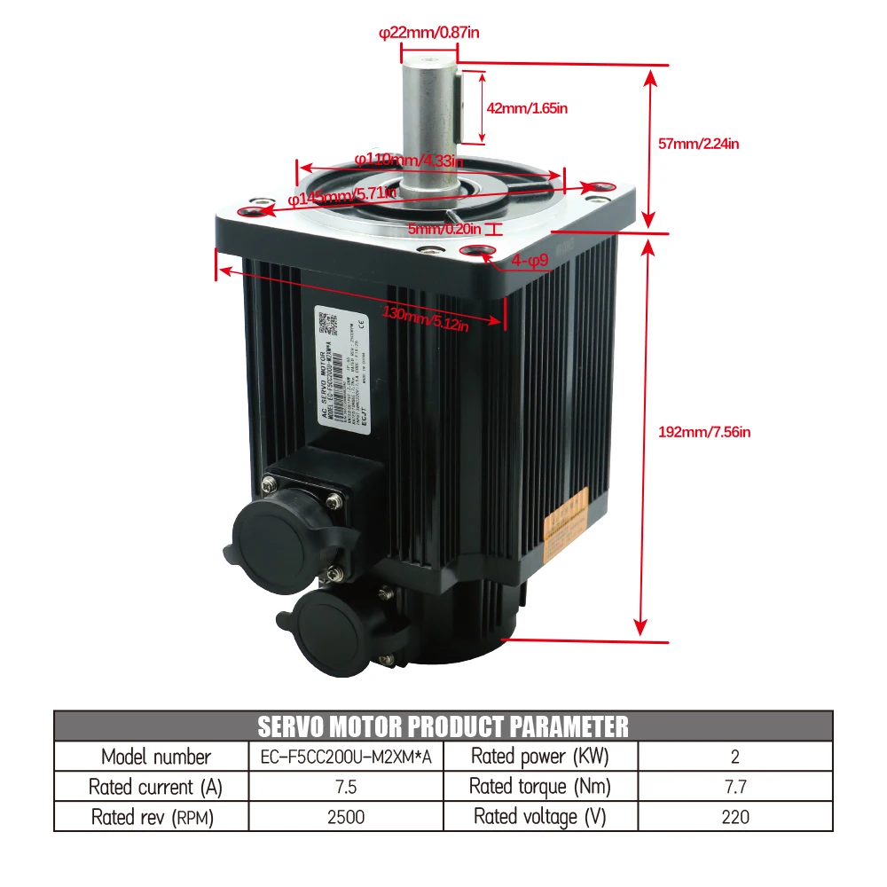 CNC 라우터용 서보 모터 130 플랜지, 단상 또는 3 상 드라이브 RS485 3M 케이블, 2kw, 2500RPM, 7.7N.m, AC220V, 2800RPM
