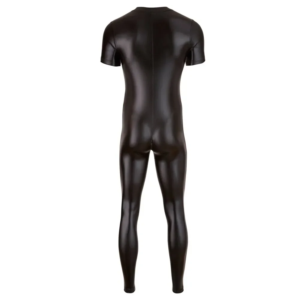 Mens Undershirts Jumpsuits Faux Leather One-piece Bodysuits Nightclub Stage Dancewear Zip Open Crotch Leotard Wrestling Singlets