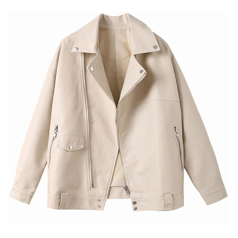2023 Autumn Women Faux Leather Jacket Female Soft PU Outerwear Casual Oversized Solid Color Loose Motorcycle Biker Leather Coat
