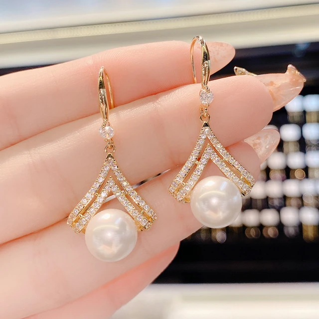 Korean Fashion Pearl Dangle Earrings for Women Crystal Zircon Earhook  Statement Drop Earrings Jewelry Gift Pendientes Mujer - AliExpress