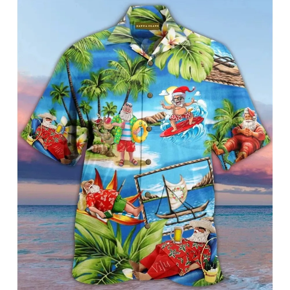 Mens Hawaiian Shirt Funny Santa Claus 3d Print Christmas Short Sleeve Shirts Beach Blouse Party casual short sleeved shirt short sleeved shirt hawaiian shirt