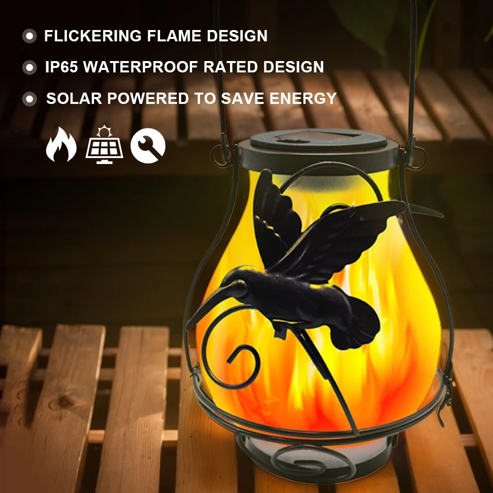 야외 태양광 금속 랜턴, 방수 깜박이 불꽃, 야외 행잉 랜턴, 태양광 LED 불꽃, 정원 램프, 파티오 데크 마당용