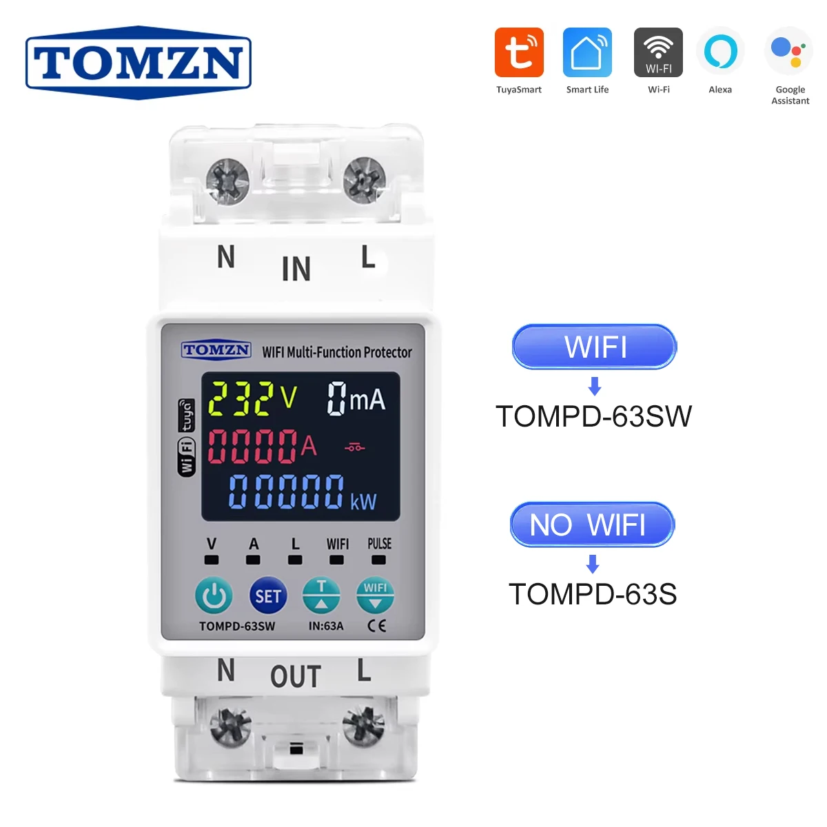 TOMZN 2P 63A 110V 220V TUYA WIFI akıllı anahtar Kwh Ölçüm devre kesici Zamanlayıcı gerilim akım ve kaçak koruması ile