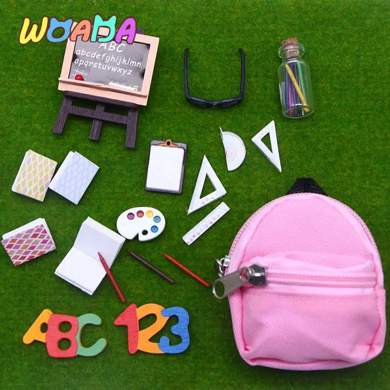 

1Set 1:6 Dollhouse Miniature School Stationery Supplies Ruler Schoolbag Pencil Blackboard Holder Glasses Model Decor Toy