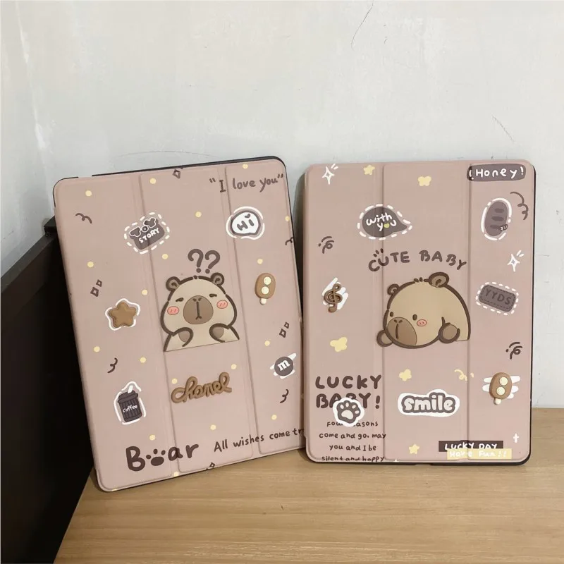 Adorable Capybara Cartoon Tablet Case with Pen Tray - Leather Finish