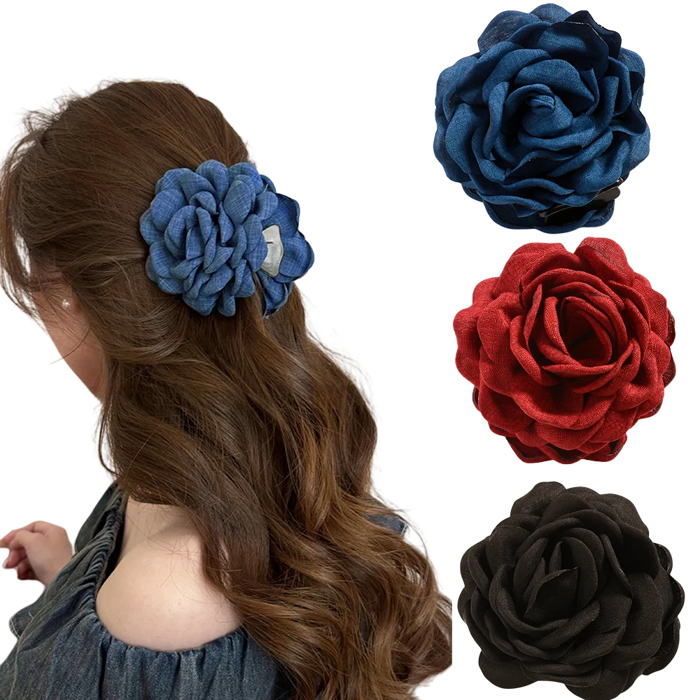 Vibrant Cotton Rose Flower Hair Claw Clips - Medium Size Shark Clamp