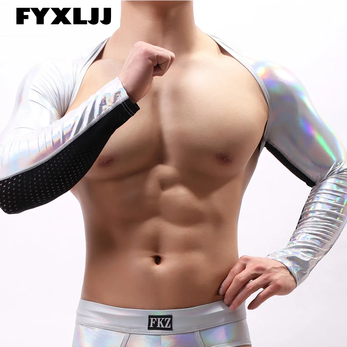 

FYXLJJ Faux Leather Men Long Sleeve Cropped Top Short T-Shirt Sexy Gay Men Wrestling Tops Men's Shawls Lingerie Stage Costumes