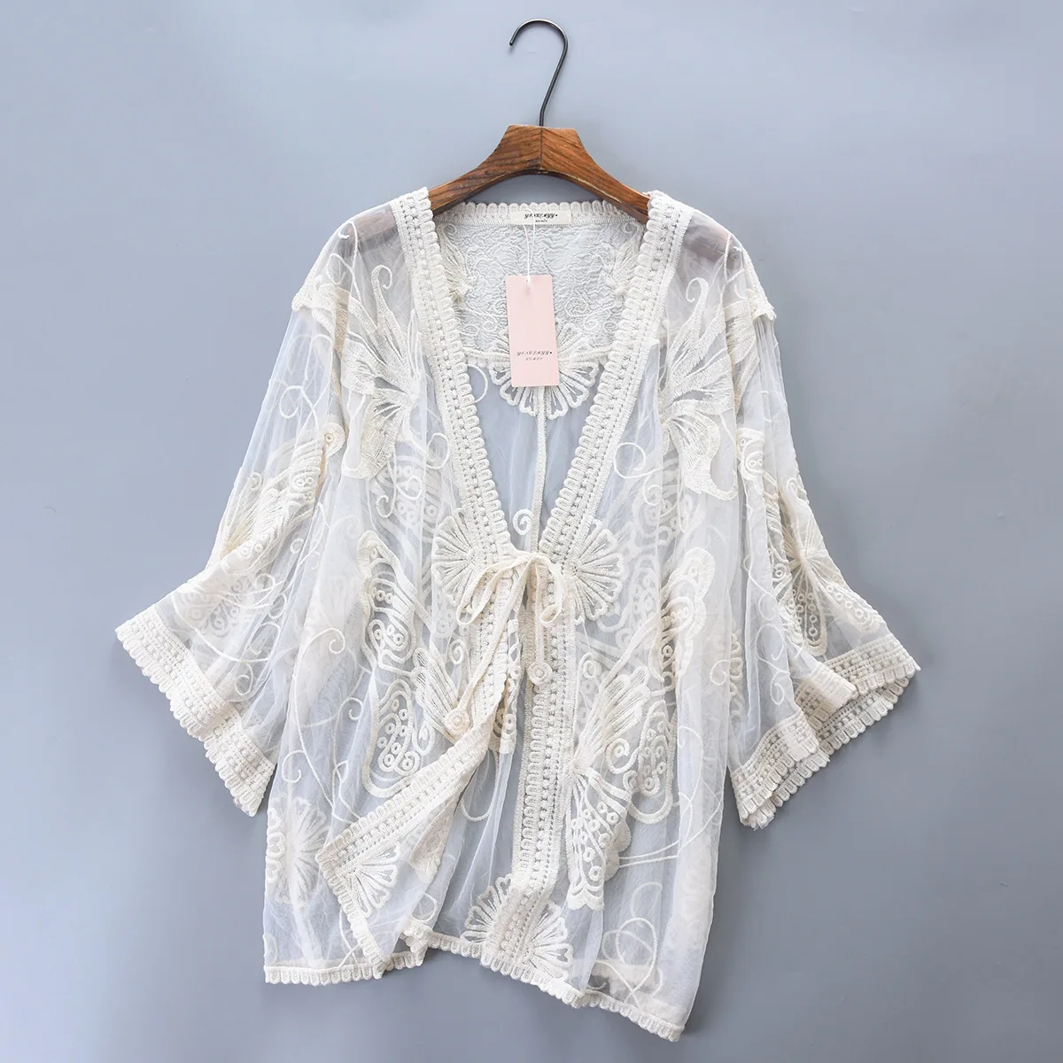Butterfly Design Loose Knit Tops Ladies Spring Summer Sexy Transparent Beach Crochet Lace Shirt Women Long Sleeve Lace Blouses