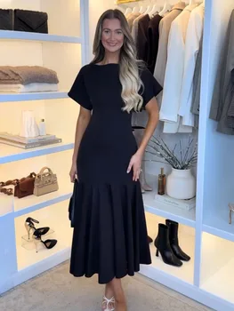 HH 2026 Women Summer Fashion Solid Midi Dress Side Zipper Pleated Woman Ship-type Short Sleeved Stitching Holiday Party Dress 1