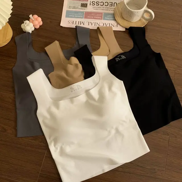 Slim Fit Ice Silk Vest Women's Inner Wear ort Sle Square Collar Tank Top with Strap And Chest Pad Summer New Arrival