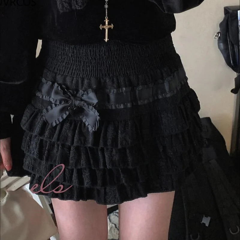 Xingqing Kawaii Lolita Cake Skirt Girls Harajuku High Waist Ruffle Layered Skirts y2k Aesthetic Women Fairycore Skirt Streetwear 2