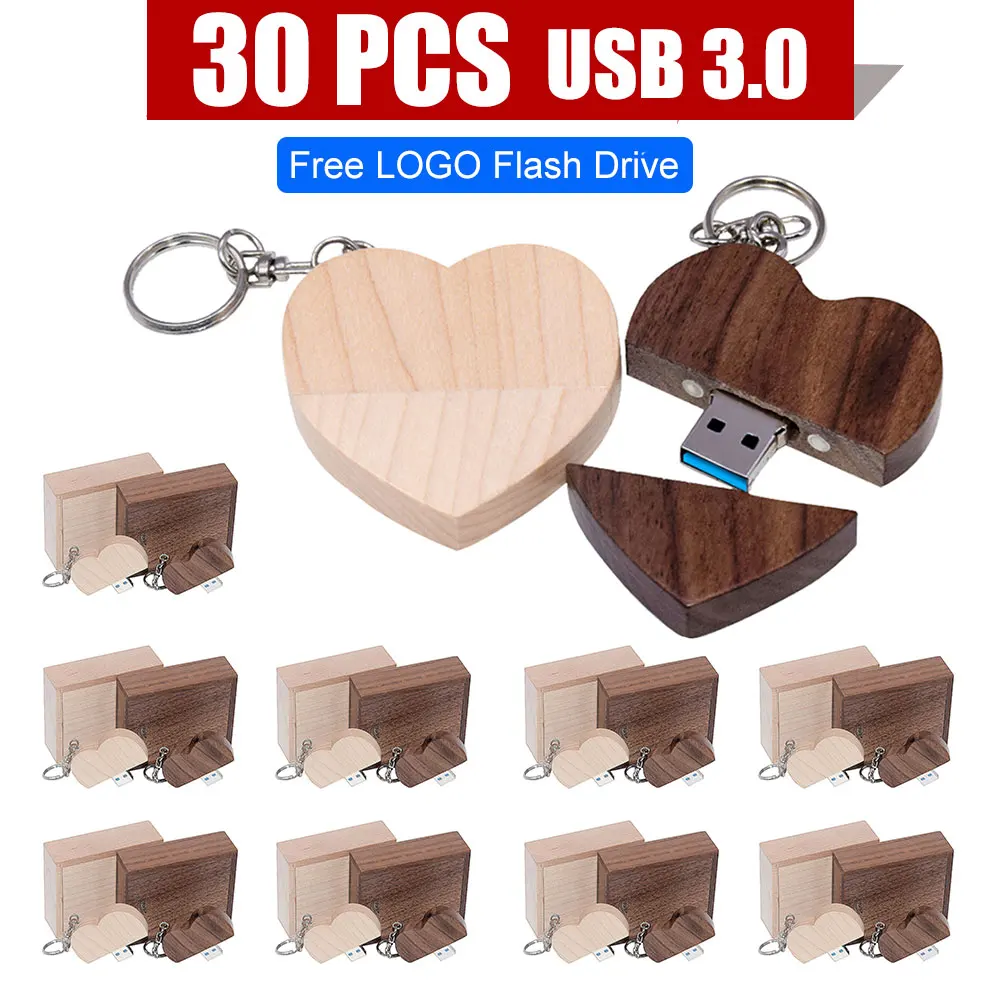 

30PCS USB 3.0 with box wooden love heart model usb flash drive memory Stick 64GB 16GB 32GB 4GB wedding gifts free custom logo