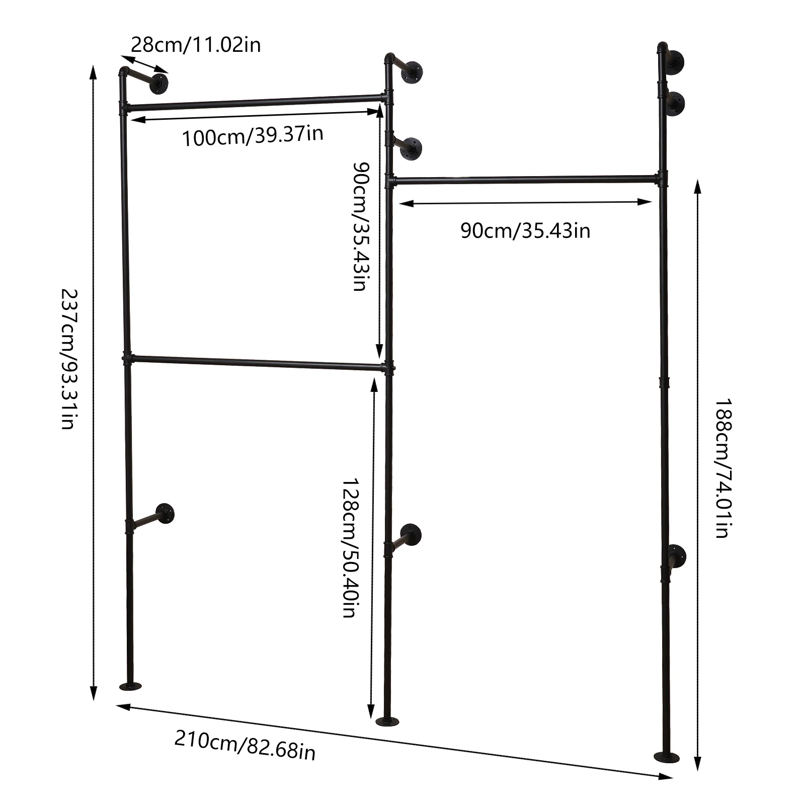CNCEST Wall Mounted Commerial Industrial Pipe Clothing Rack Rod Garment Freestanding Shelf Pipeline Vintage Display Rack