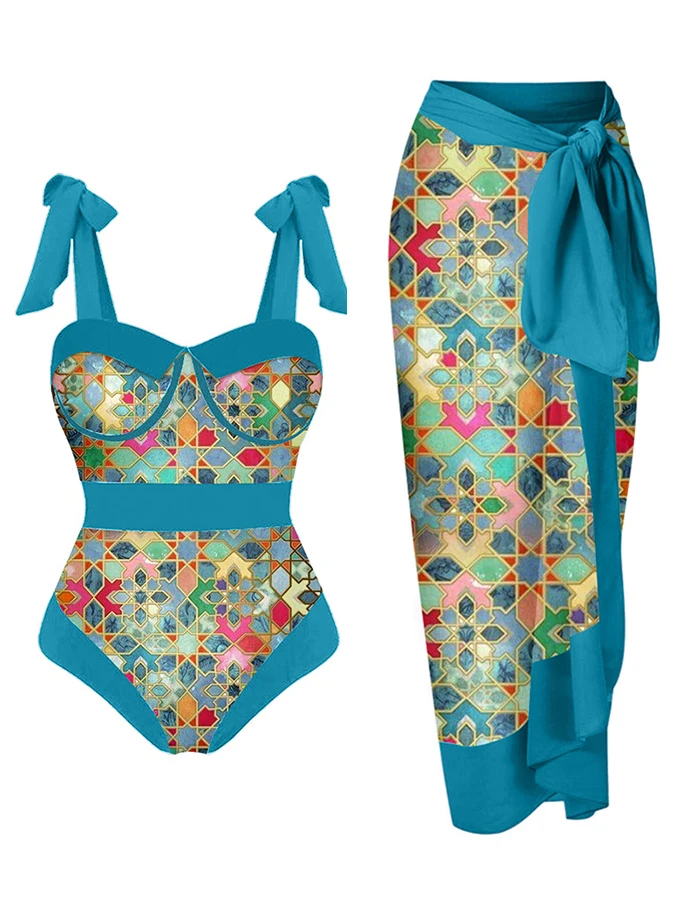 

Fashion Vintage Polka Dot Color Block Printed Lace-up Design Comfortable One-piece Swimsuit 2023 Women New Bikini And Cover-up