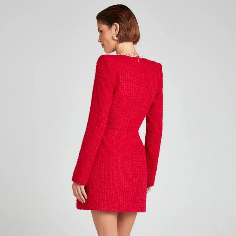 Elegant Tweed Short Party Dress Women Long Sleeve Square Collar Fake Pocket Evening Dresses Autumn Shiny Slim A-line Robes