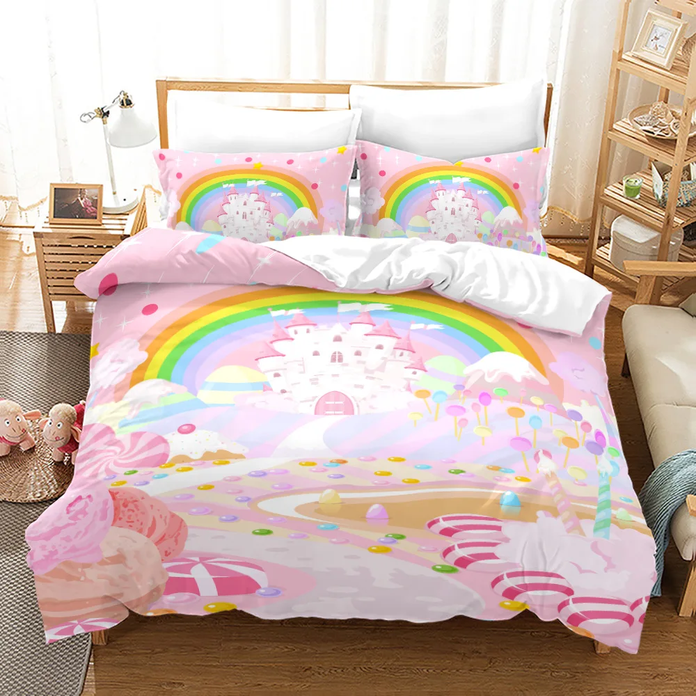 

Rainbow Duvet Cover Set King Microfiber Girly Aesthetic Rainbows Bedding Set for Kids Kawaii Castle Dessert Pattern Quilt Cover