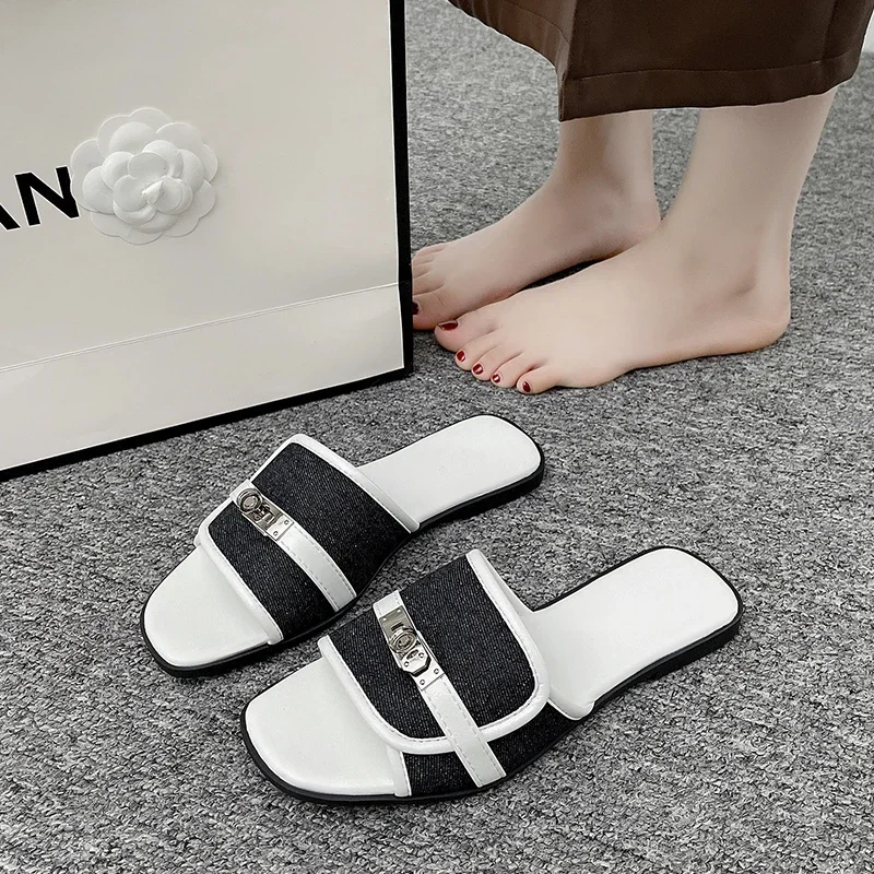 여성용 금속 버클 데님 샌들, 비치 플랫 슬리퍼, 여름 슬리퍼