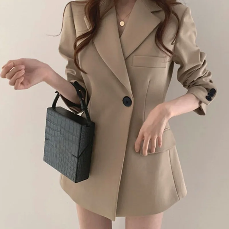 Khaki Black Mid Length Chic Blazers Women Solid Colors Single Button Plus Size Suits 2021 Spring Autumn New Work Casual Blazer