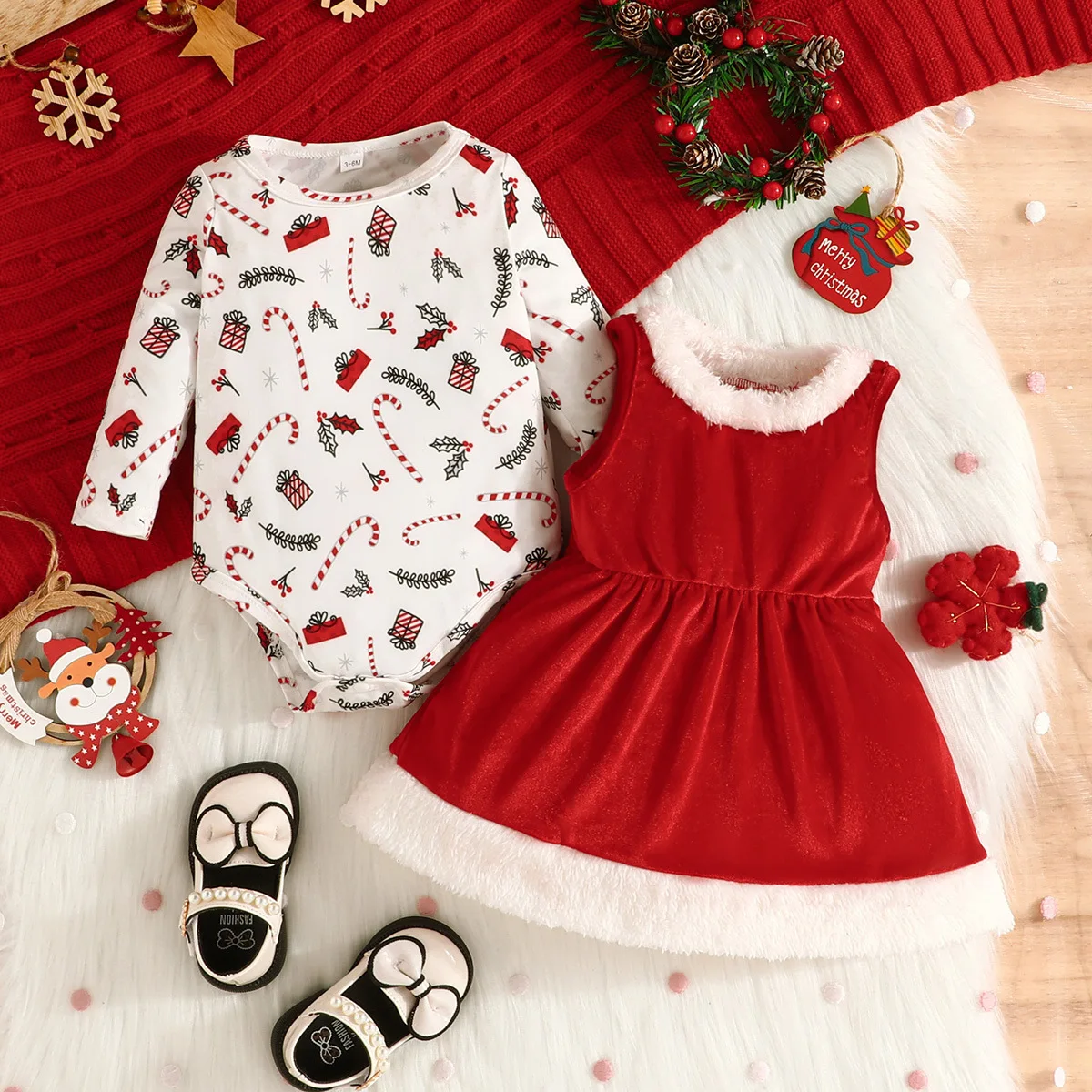 

Christmas New Infant Lovely Baby Girl Long Sleeve jumpsuits Velvet Princess Dress 2-piece set 35