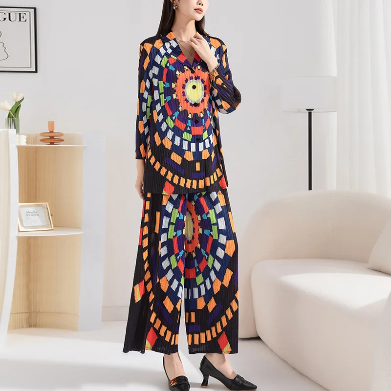 

New women's long sleeve suit for spring 2023 Miyak fold Fashion baggy plus size vintage print top + high waist straight pants